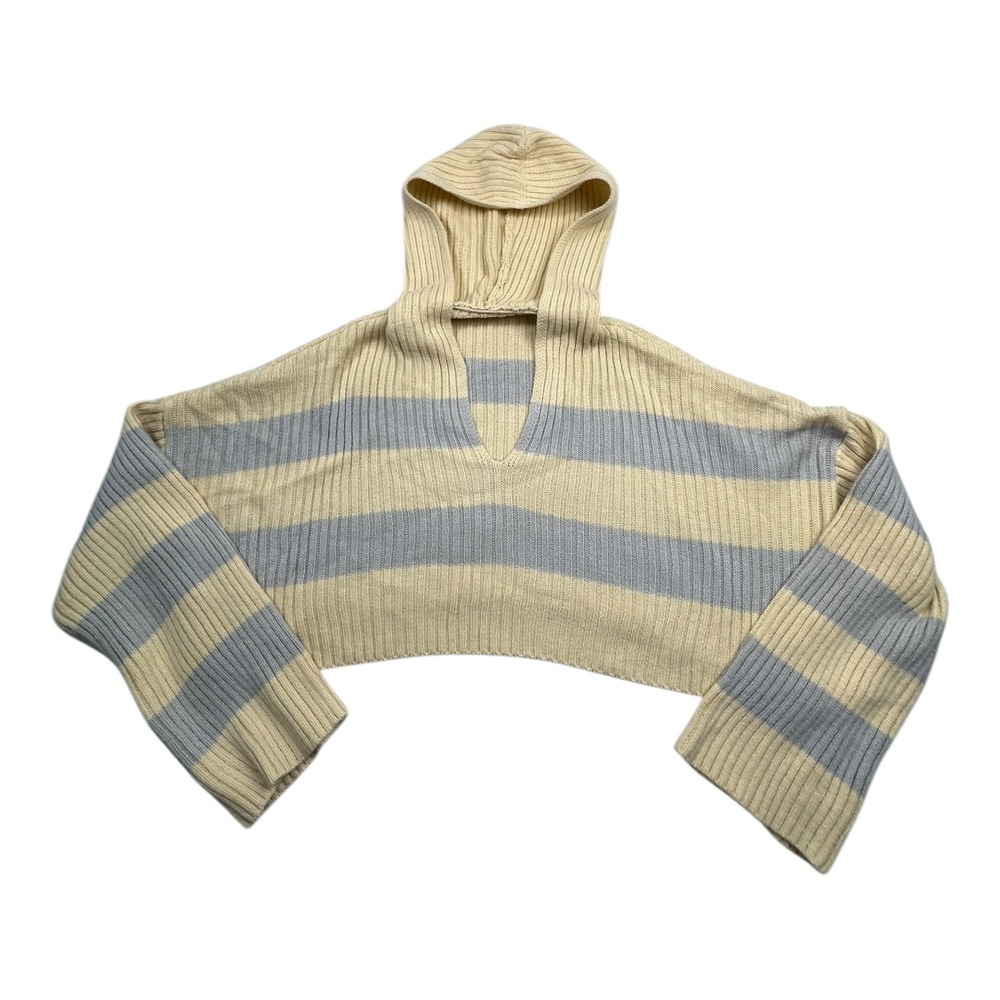 SHEIN Striped Cropped Hoodie Long Sleeve Knit Sweater Women's M Beige Blue
